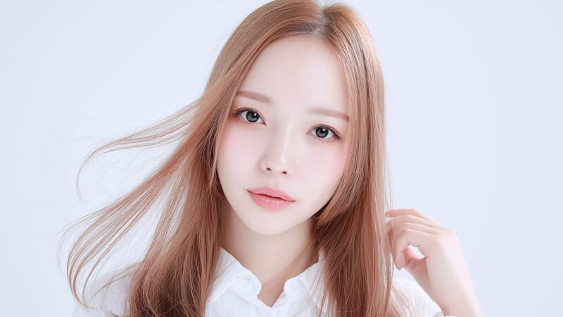 なびかせた髪に手を当てながら笑む女性。