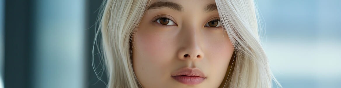 まっすぐな視線を向けたブロンド女性のアップ写真。真っ直ぐな視線と明るい髪色が特徴的。
