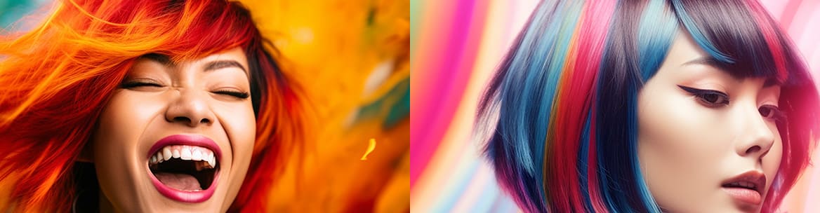 派手（ハデ）髪のオレンジのヘアカラーを楽しむ女性。派手（ハデ）髪のピンクとブルーのヘアを楽しむ女性。