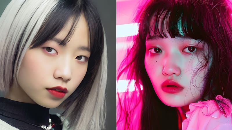 派手（ハデ）髪の白黒グラデーションカラーの女性 黒髪でピンクの光の中にいる女性
