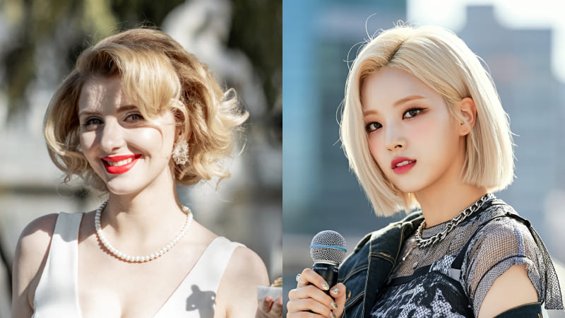 ブロンドヘアの女性がドレス姿でレッドカーペットに立つシーン。 耳に髪をかけたブロンド女性。
