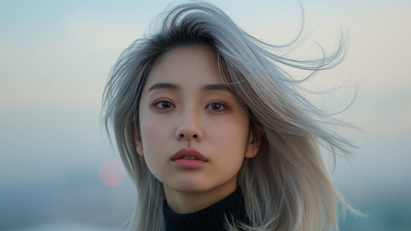 風に髪をなびかせる女性