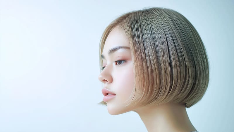 淡い髪色のショートボブ女性が横を向く。