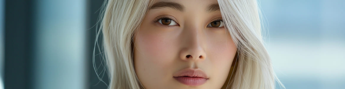 まっすぐな視線を向けたブロンド女性のアップ写真。真っ直ぐな視線と明るい髪色が特徴的。