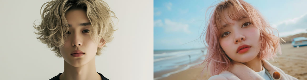 パーマヘアの男性ポートレート。ピンクブロンドの女性が砂浜に立つ。