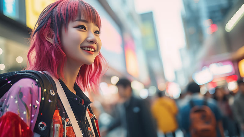 派手（ハデ）髪のピンクヘアを楽しむ女性。