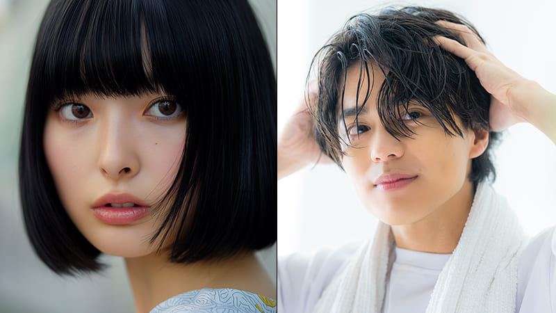 前髪ありの黒髪ボブの女性。黒髪で爽やかな男性。