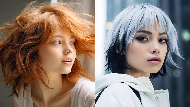 派手（ハデ）髪のオレンジヘアを楽しむ女性。派手（ハデ）髪のグレーヘアを楽しむ女性。