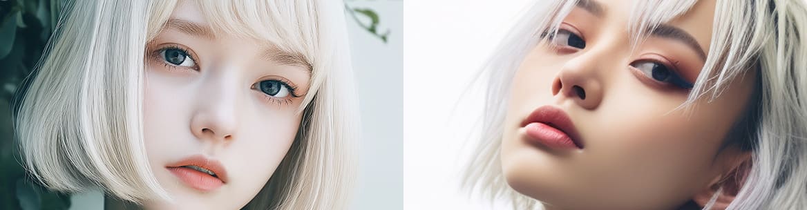 派手（ハデ）髪の明るい色のスタイルを楽しむ女性。派手（ハデ）髪のシルバーヘアを楽しむ女性。