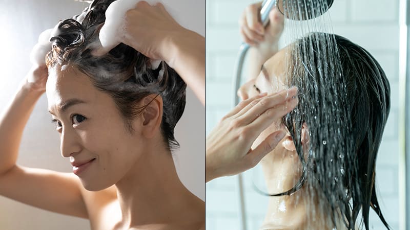 髪をシャンプーする女性。シャワーで髪を洗い流す女性。