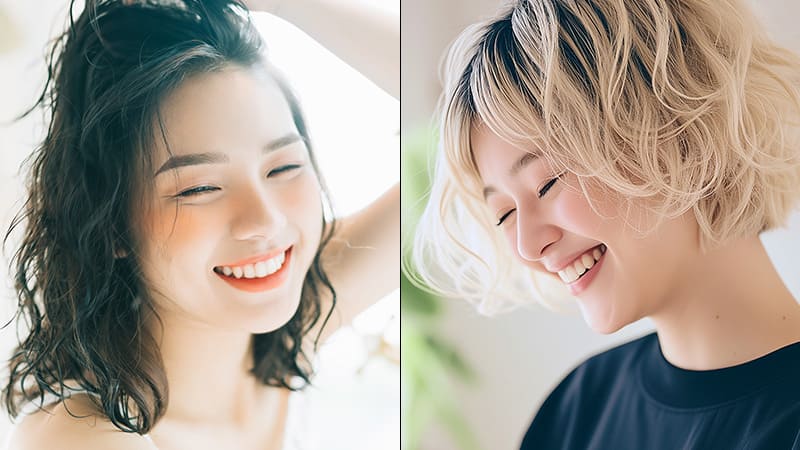 ヘアケアを楽しむ笑顔の女性。派手（ハデ）髪のブロンドヘアを楽しむ女性。