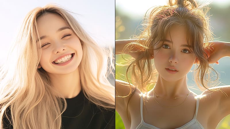 派手（ハデ）髪のブロンドヘアを楽しむ女性の笑顔。派手（ハデ）髪のブロンドヘアを楽しむ女性が髪を束ねている。