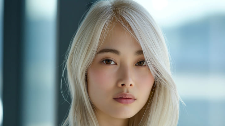 まっすぐな視線を向けたブロンド女性のアップ写真。真っ直ぐな視線と明るい髪色が特徴的。