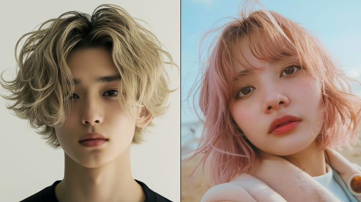 パーマヘアの男性ポートレート。ピンクブロンドの女性が砂浜に立つ。 